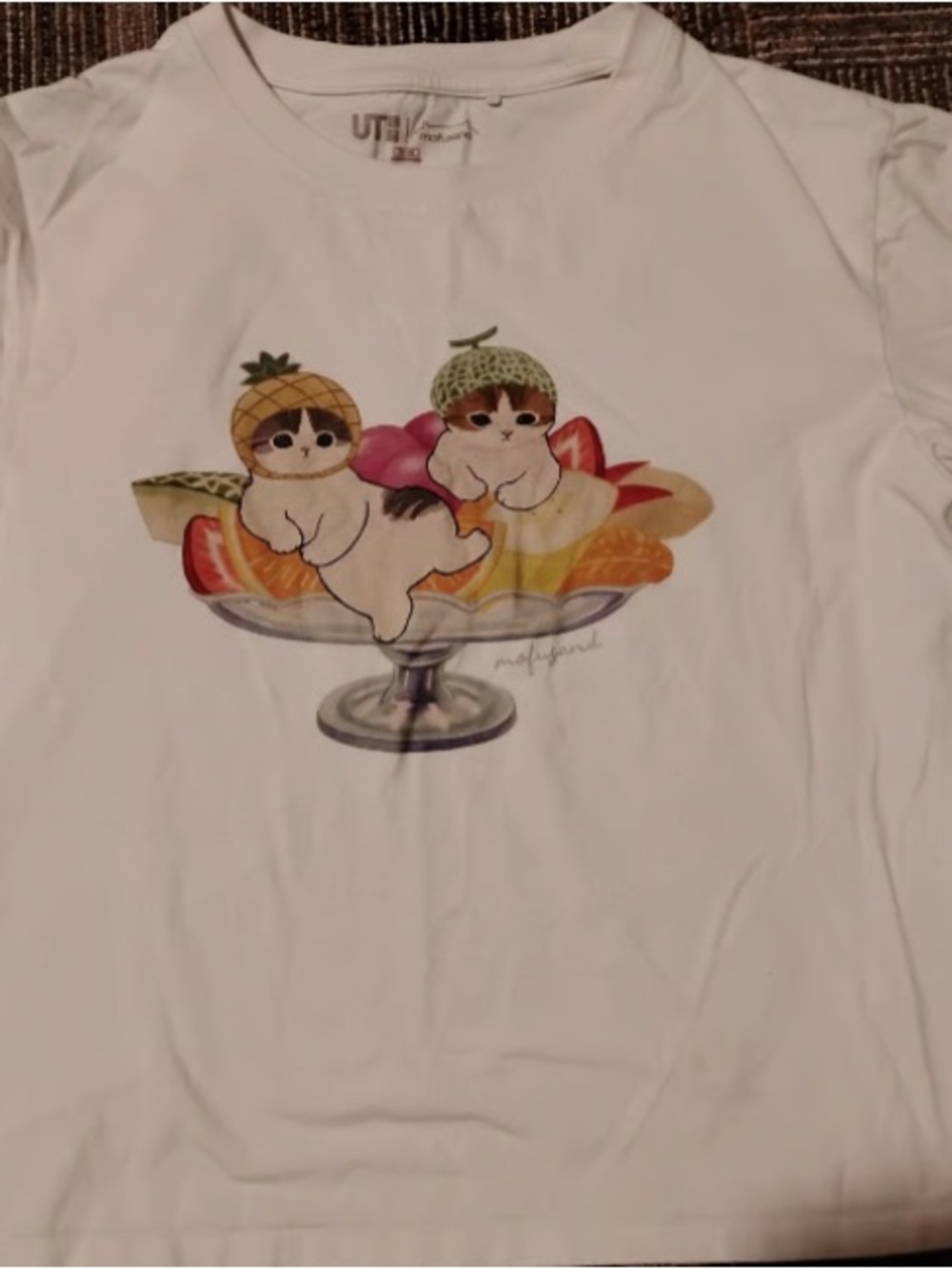 Uniqlo White Kids Short Sleeve Tee with Cat & Fruit Sundae Print